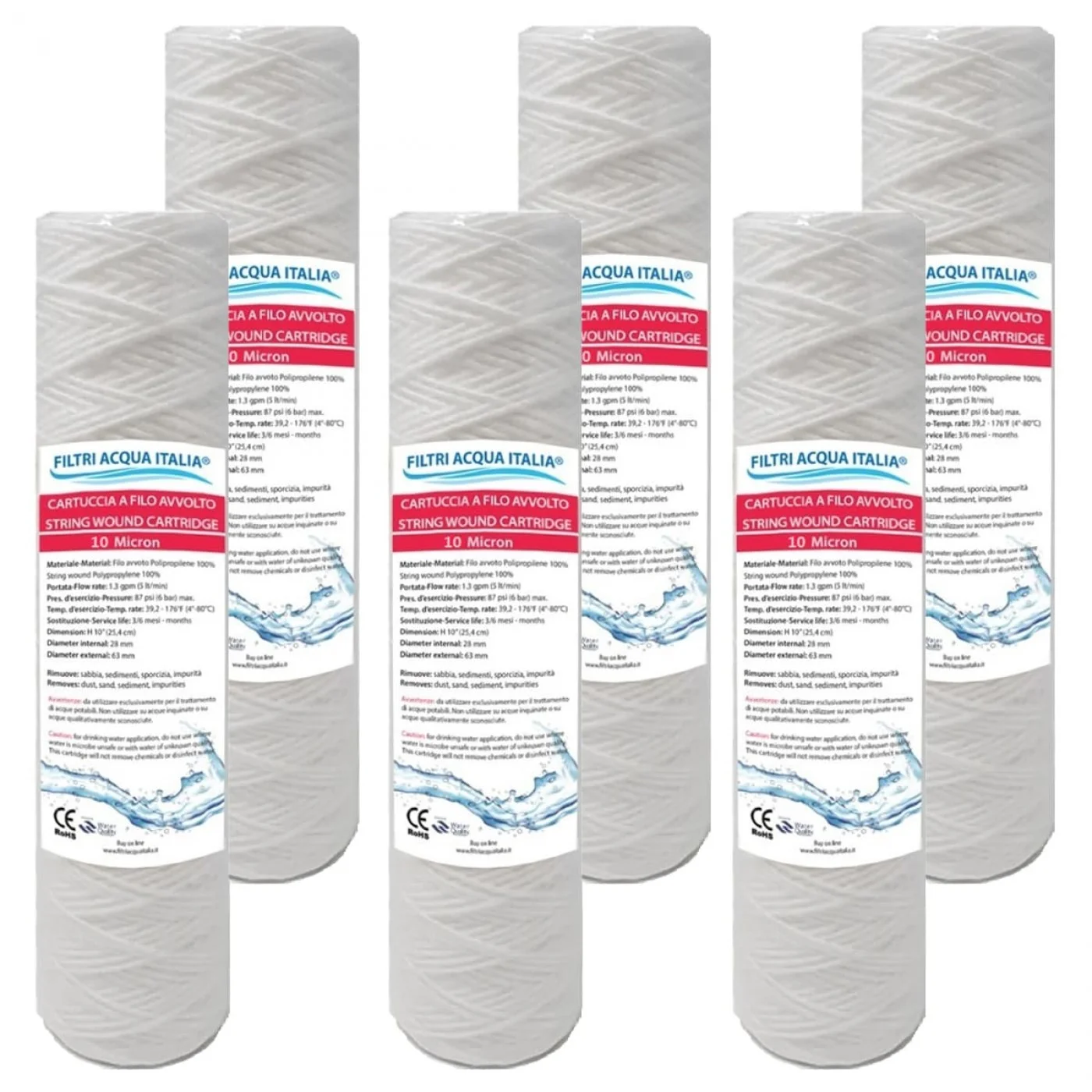 Cartucce Filo Avvolto Polipropilene 20 Pollici, Filtrazione 50 Micron, Set Da 6 Pezzi